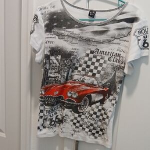 Route 66 Red Car Graphic Tee with Black and White Accents